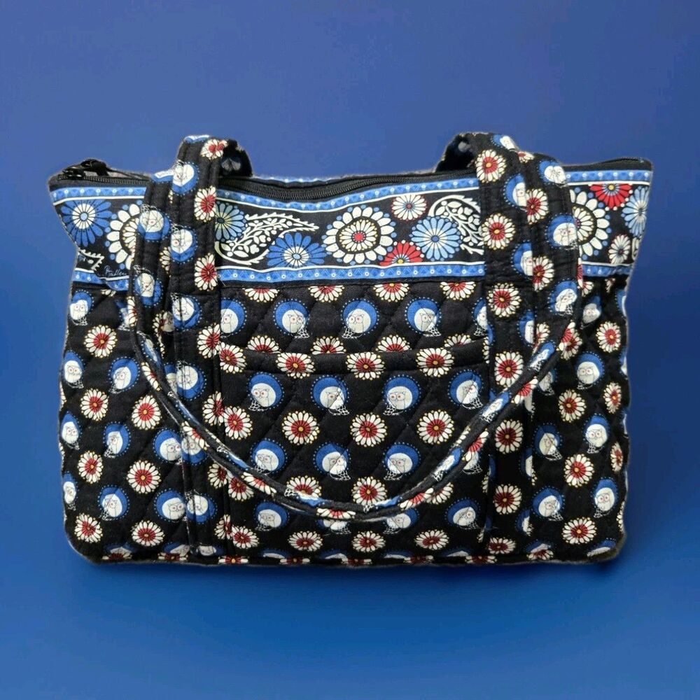 Vera Bradley Night Owl Medium Betsy Zip Tote Vintage Retired Black Blue Owl
